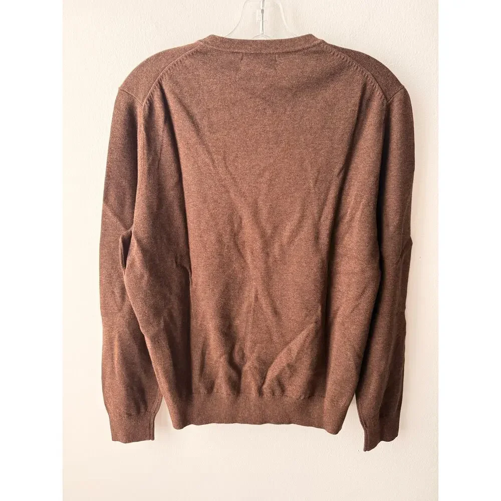 Lands End Mens Brown V-Neck Sweater Supima Cotton Retro Preppy Grunge Knit Top M